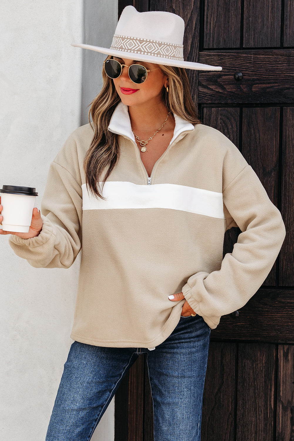 Fleece Zip Colorblock Patchwork Neck Pullover Sweatshirt