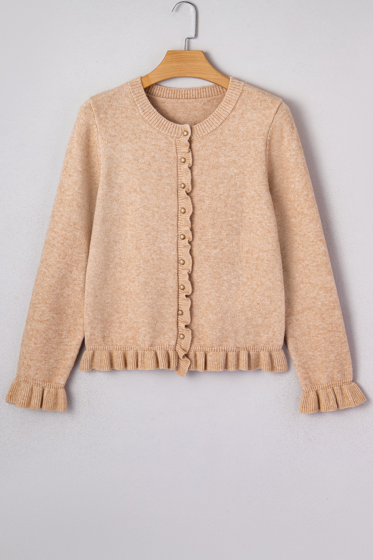 Gold Ruffle Trim Button Cardigan Knit Top