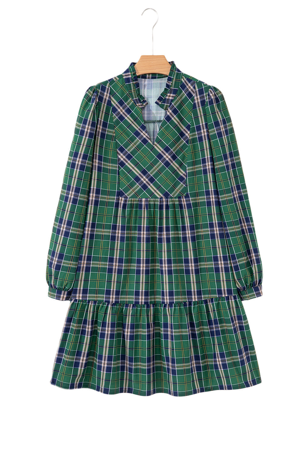 Print Frilly Plaid Frilly Collar Long-Sleeved Shift Mini Dress