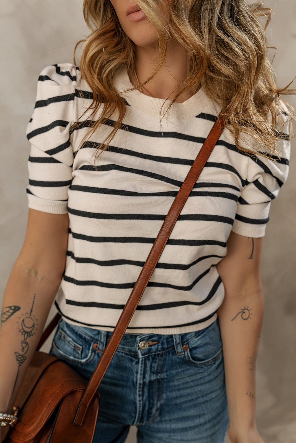 Trim Stripe Rib-Knit Knit Top in Black