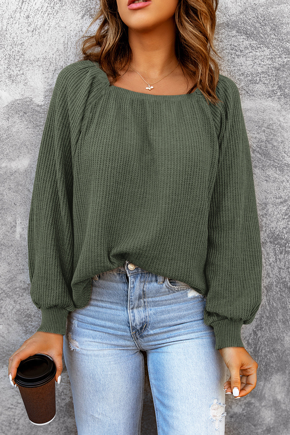 Women's Knit Top with Balloon Sleeve Waffle