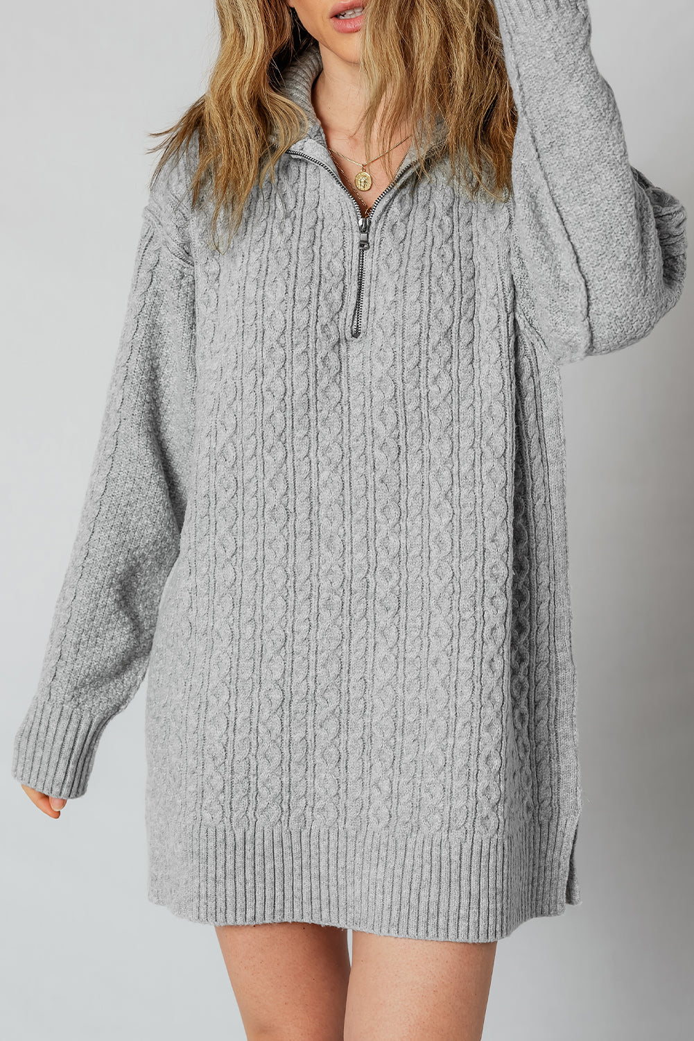 Knit High Cable Quarter Zip Rib-Knit Trim Loose Knit Top Dress
