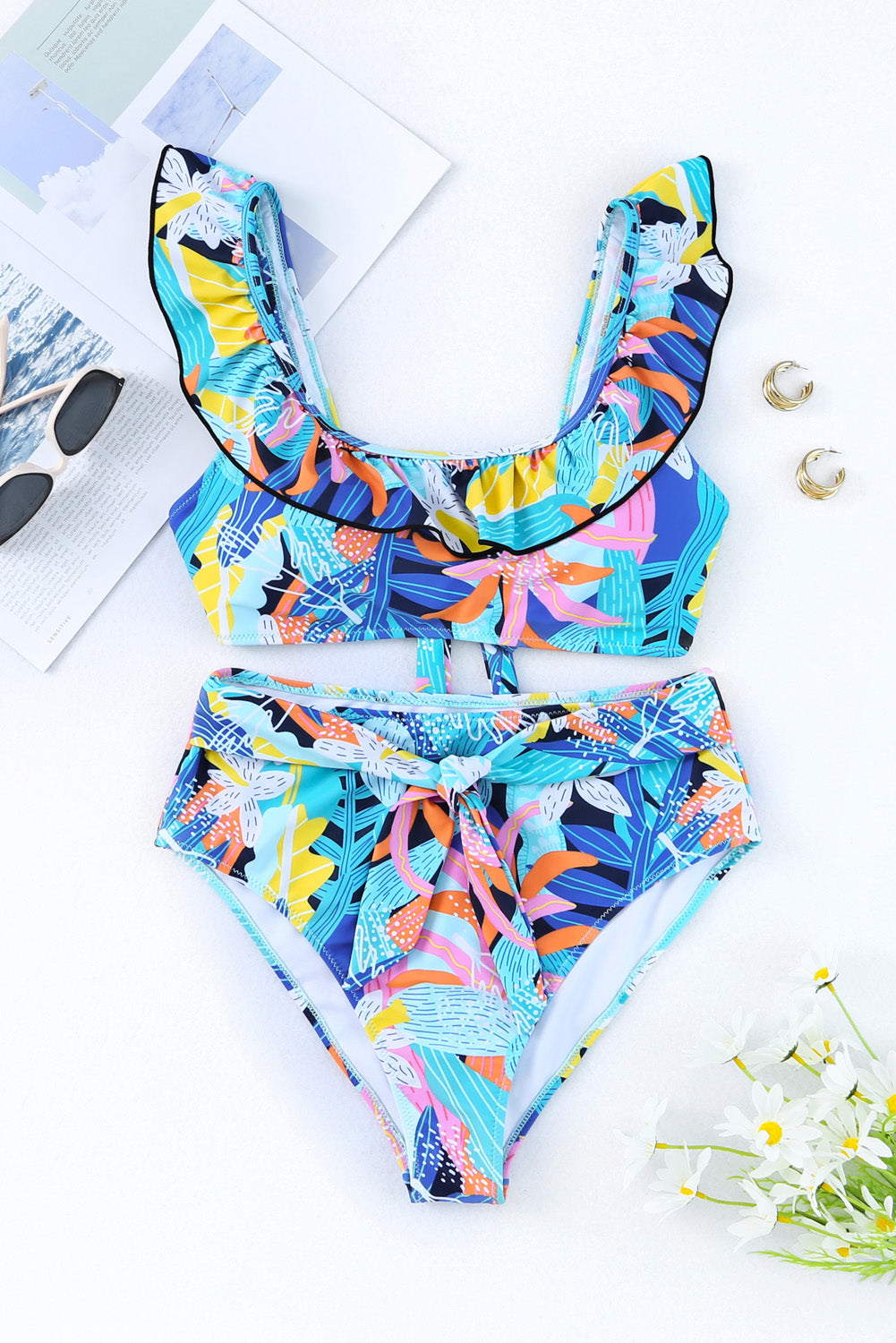 Women's Swimsuit with High-Rise Ruffle-Trimmed Tie