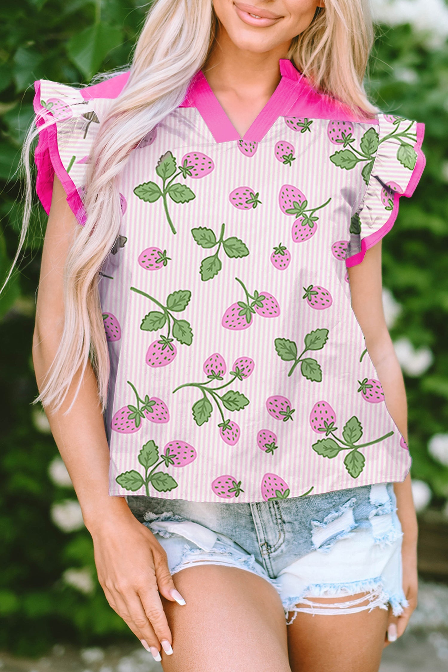 Printed Striped Strawberry Colorblock Patchwork V-Neck Flutter Sleeve Blouse