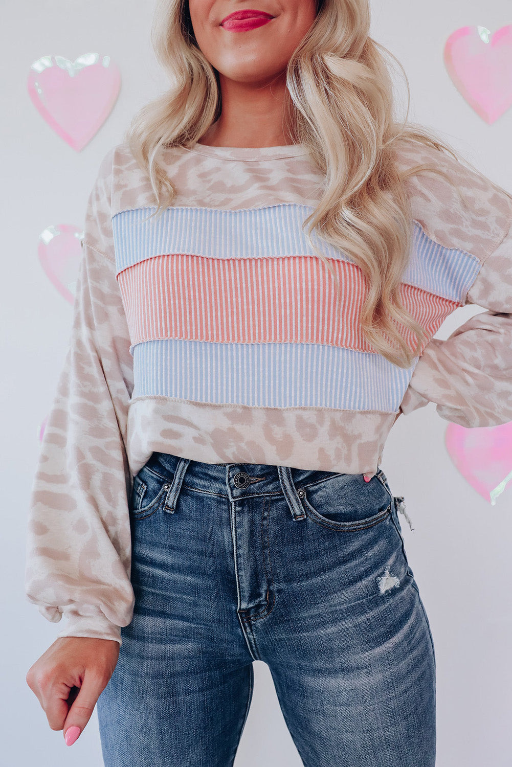 Knit Top for Women Balloon Sleeve Contrast Stripes