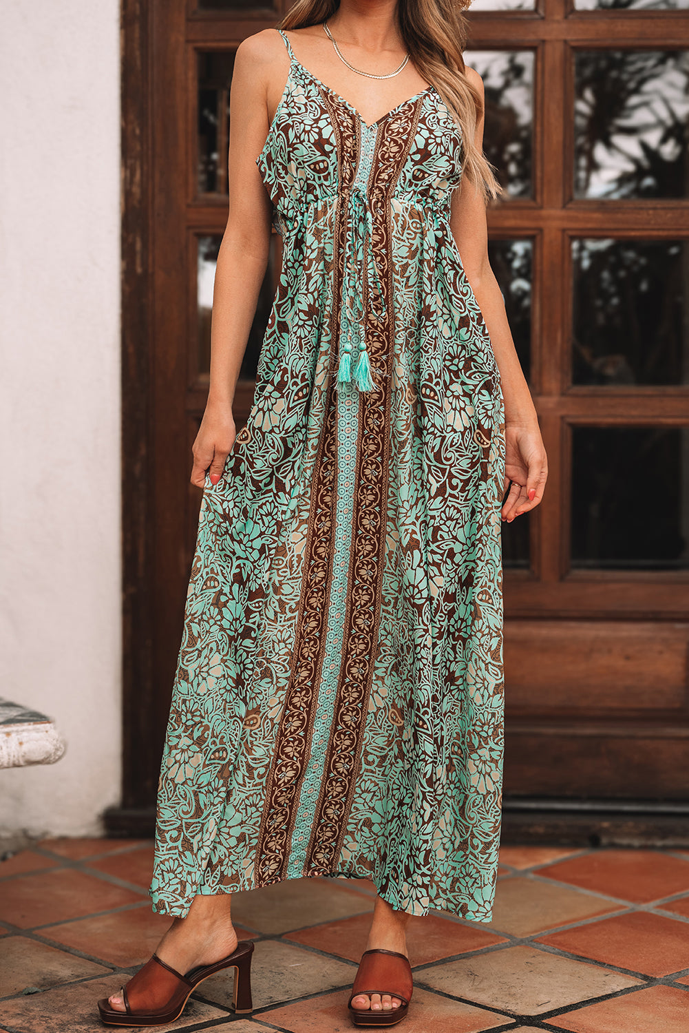 Green Floral Print Backless Tassel Waist Maxi Dress
