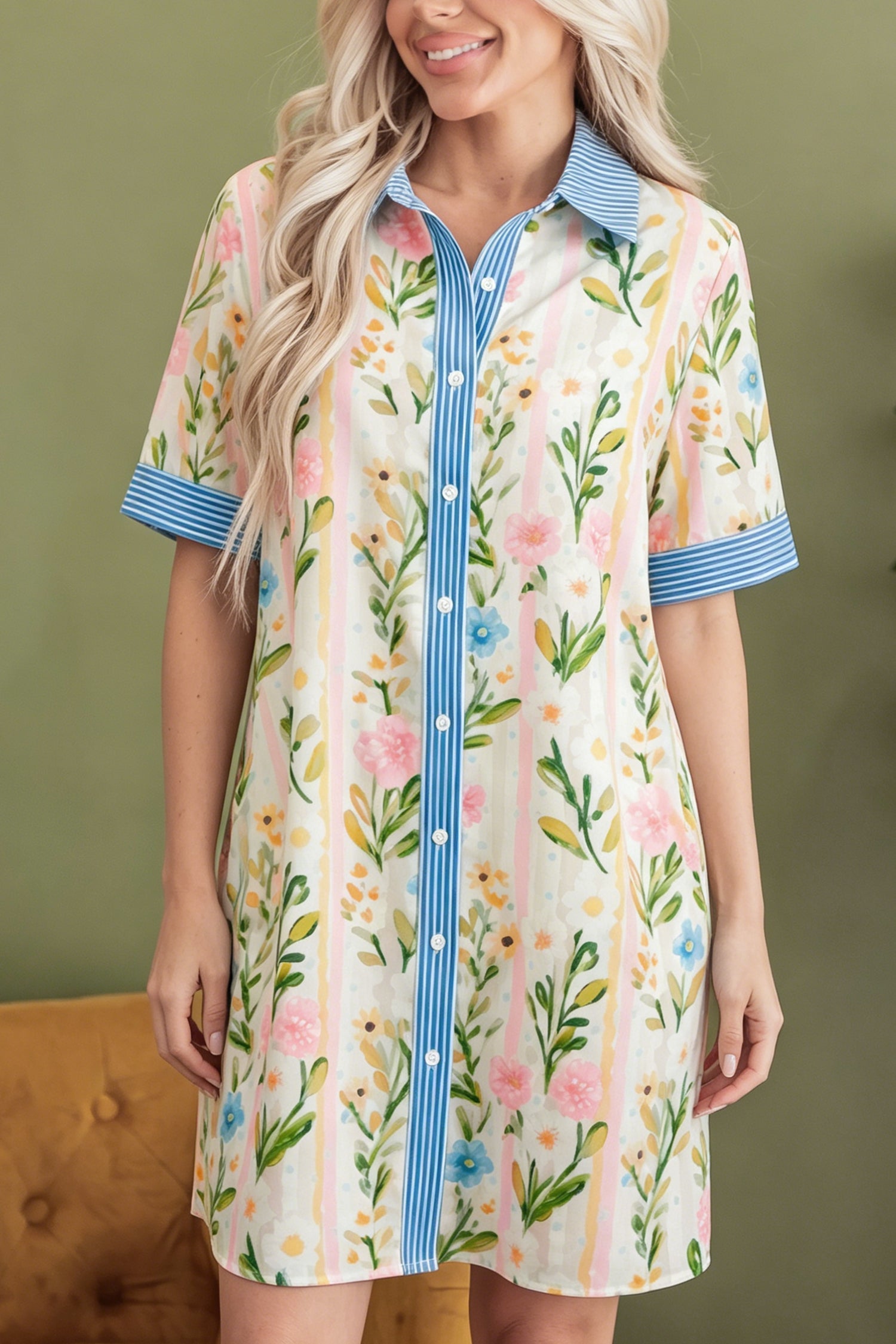 Polished Striped Multicolour Floral-Print Trim Button Down Shift Dress