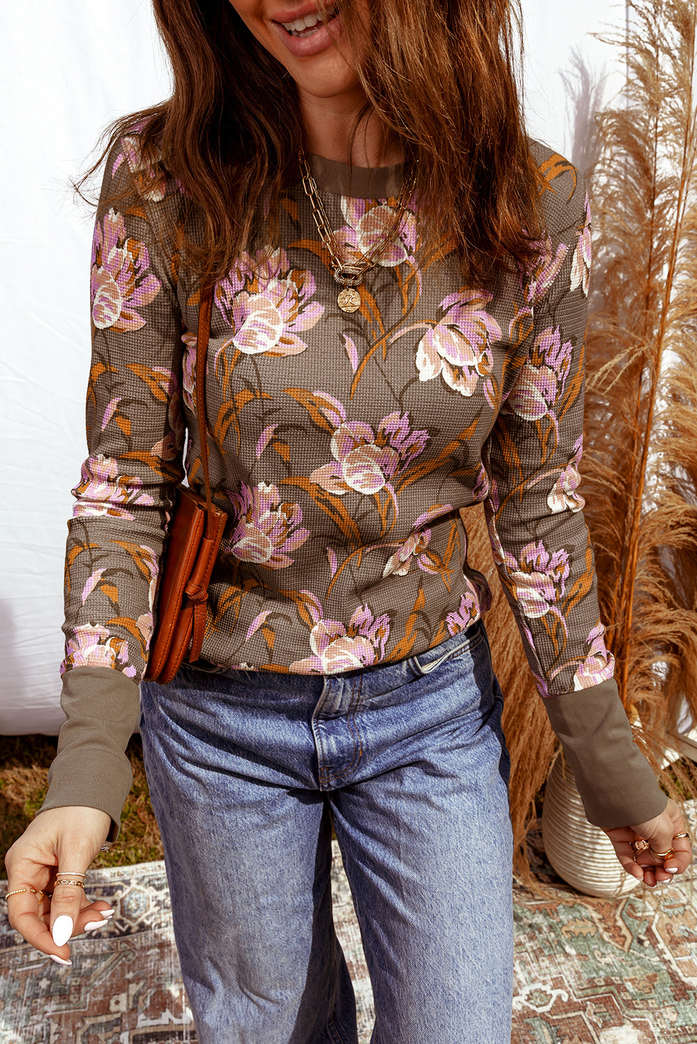 Floral-Print Long-Sleeved Waffle Textured Top in Brown