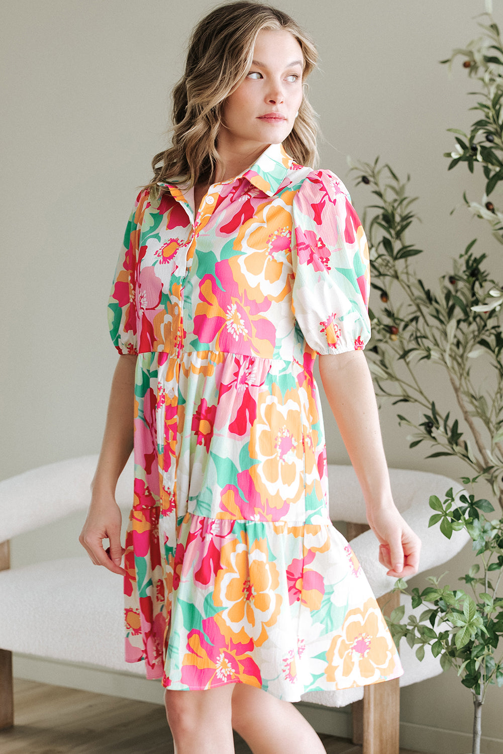 Floral Puff Sleeve Collar Buttoned Babydoll Dress