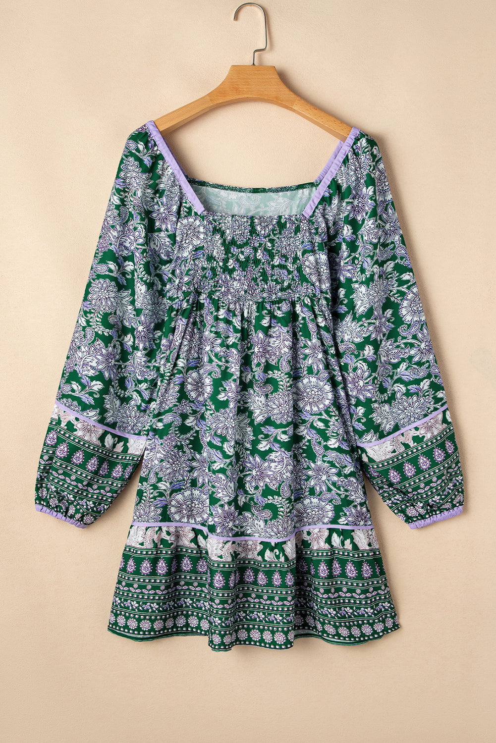 Floral Print Piping Trim Square Neck Dress
