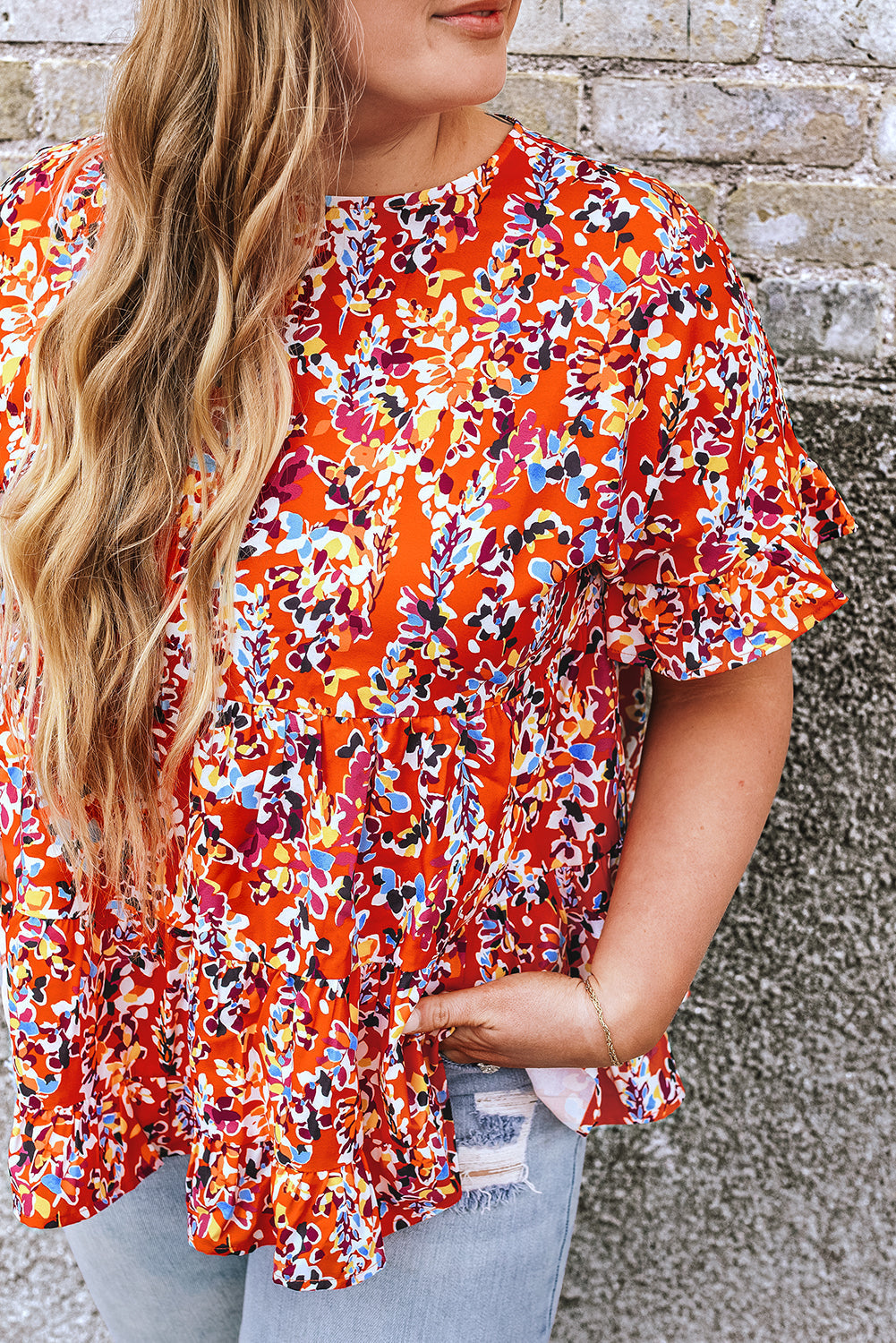 Blouse for Women Ruffle-Trimmed Curvy Babydoll Floral-Print