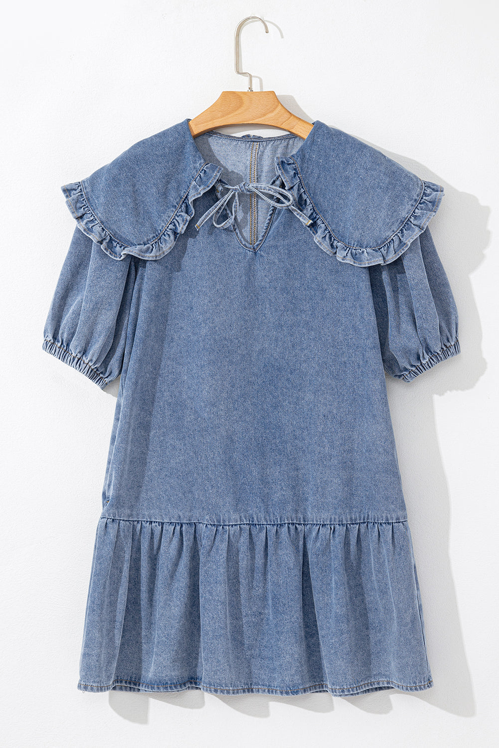 Ruffled Collared Side Pockets Denim Mini Dress