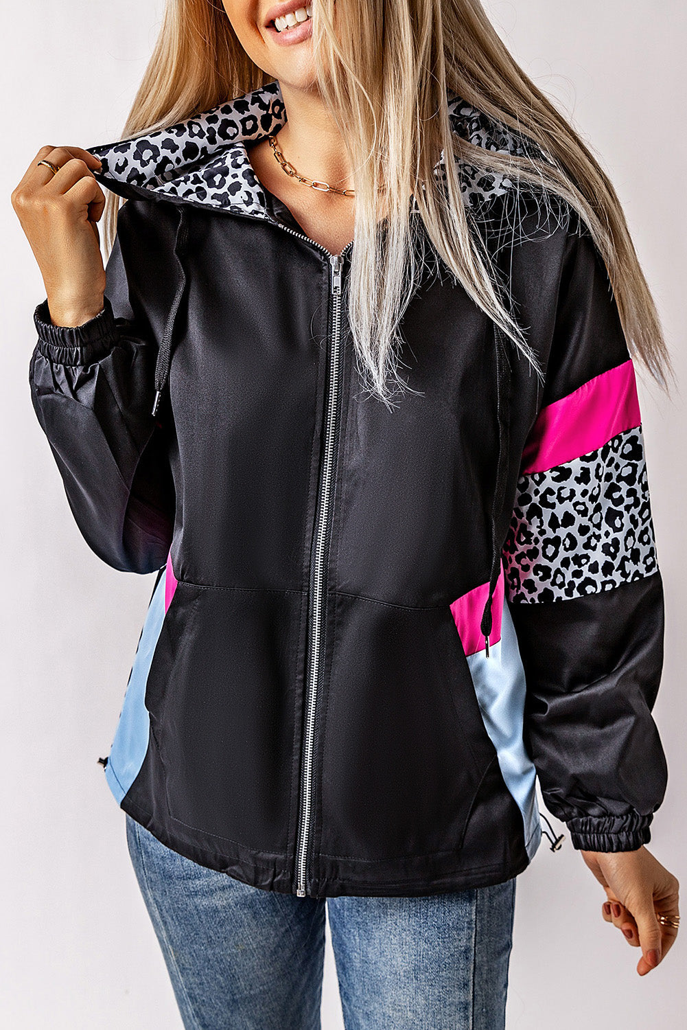 Women's Jacket with Color-Block Pockets Black Zip-Front Hooded Leopard-Print