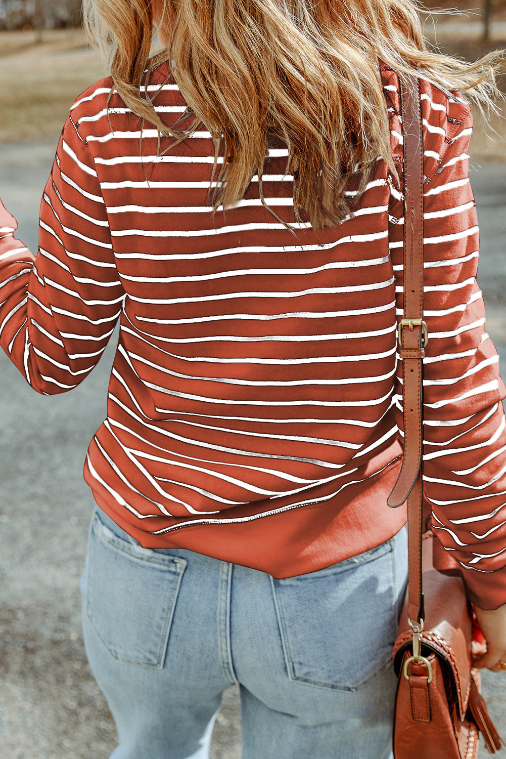 Women's Striped Rib-Knitted Trim Long-Sleeve Top