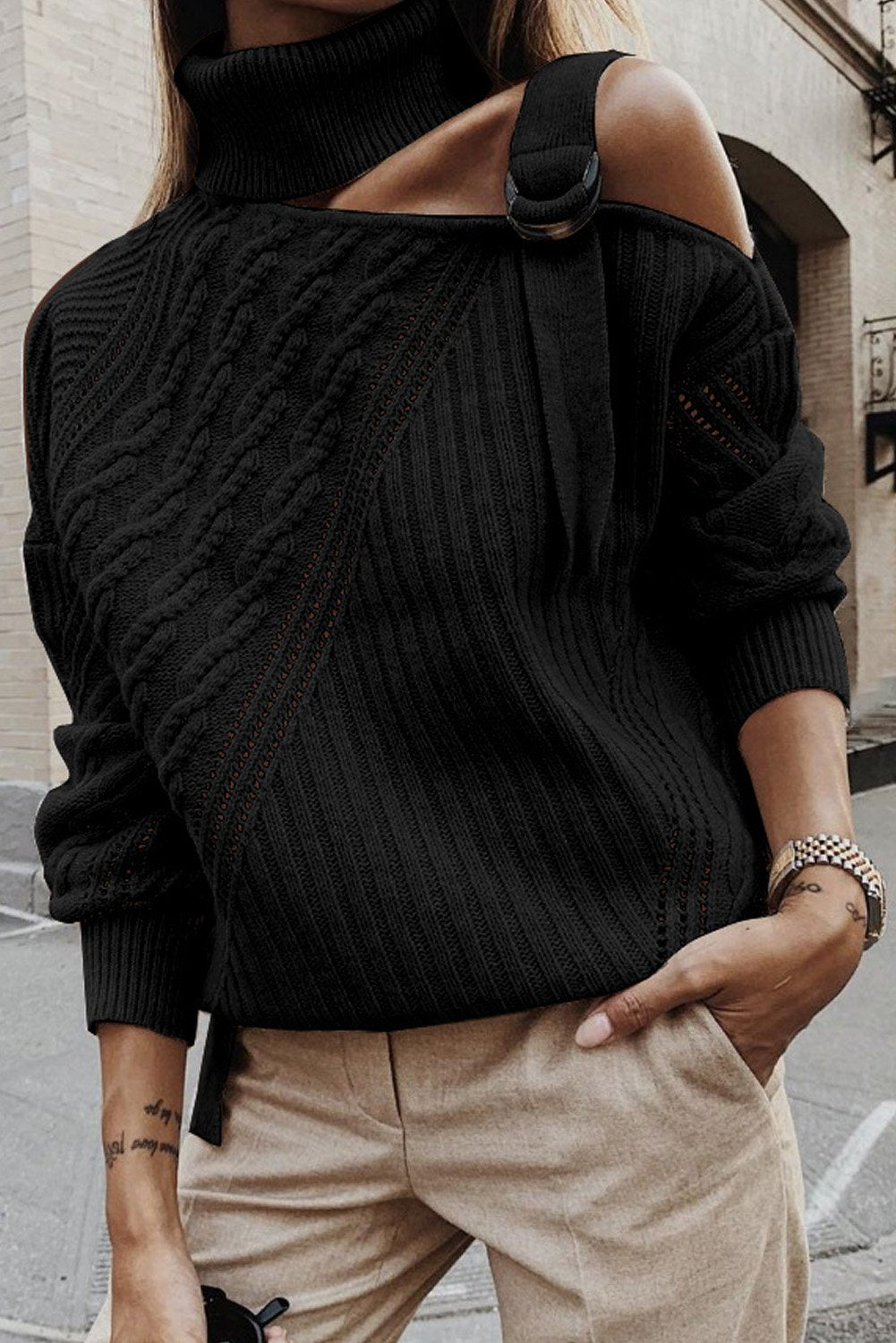 Women's Turtleneck Sweater with Winter Black Strapped Cut out Shoulder