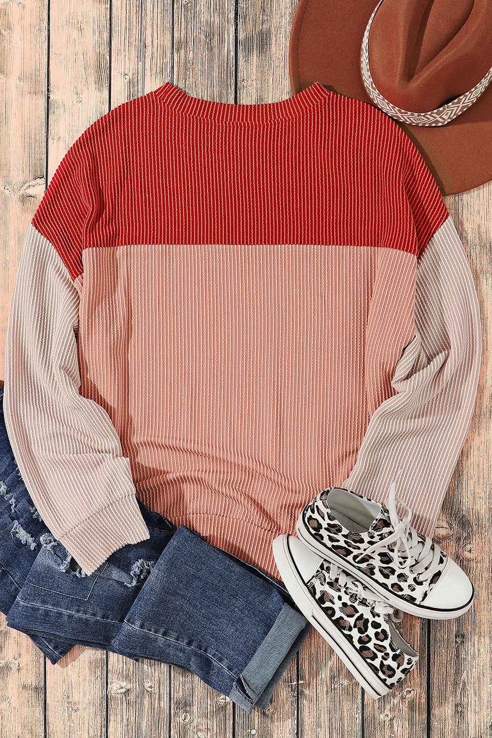 Women's Top Featuring Long-Sleeve Rib-Knitted Loose