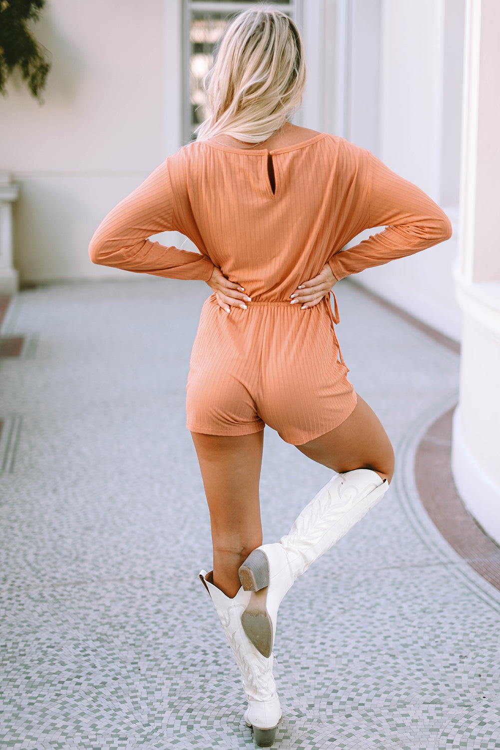 Women's Romper Featuring Long-Sleeve Rib-Knitted Drawcord Waist