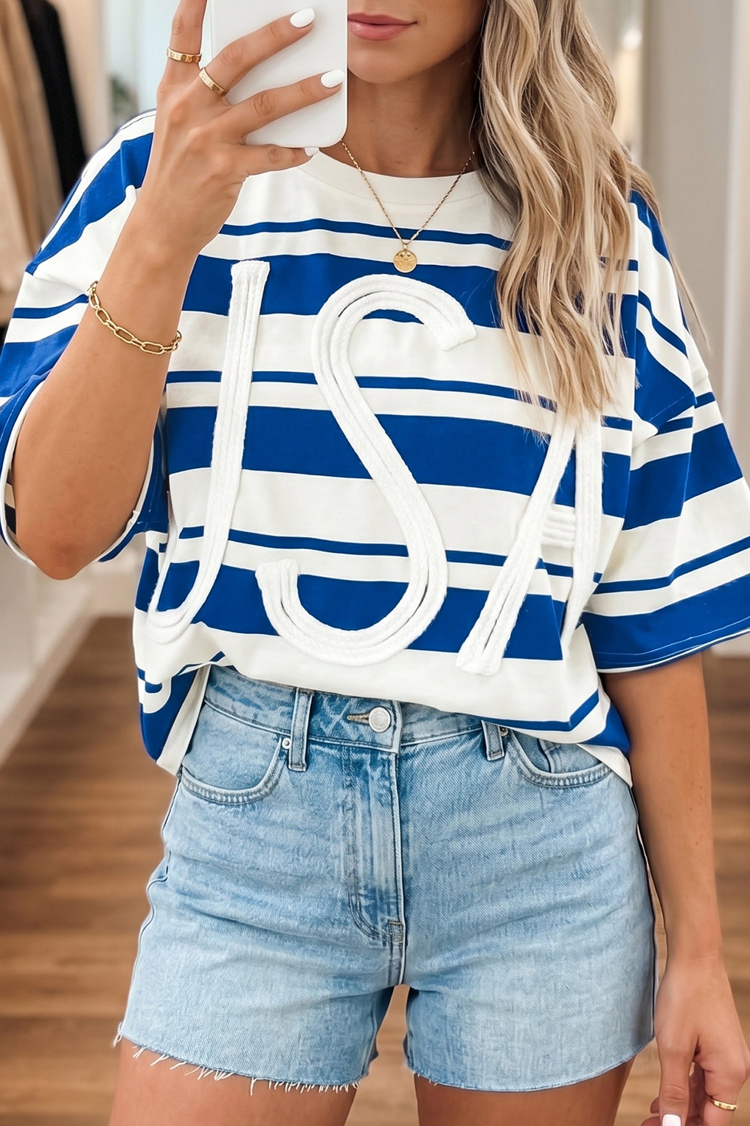 Graphic Stripe USA Half Sleeve Loose T Shirt in Blue