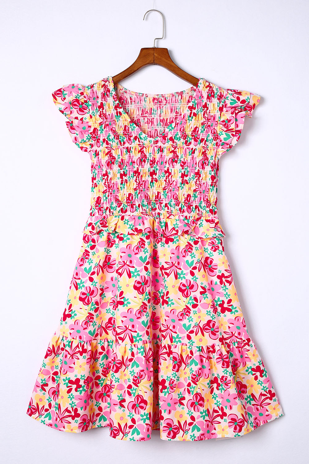 Women's Floral Dresses Featuring Shirred Bodice Ruffle-Trimmed