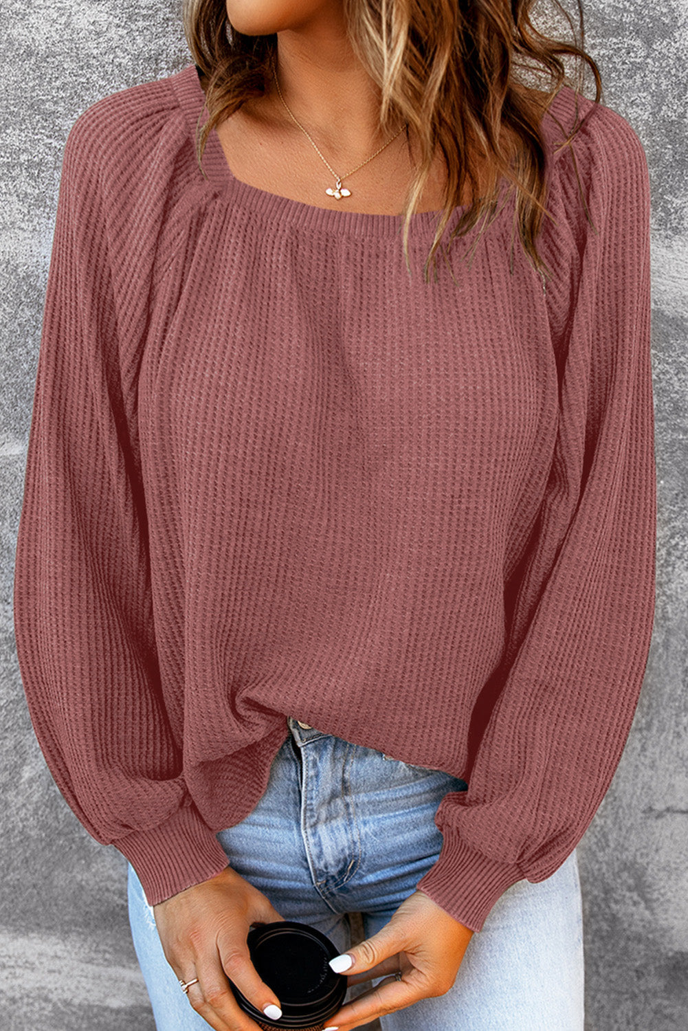 Women's Knit Top with Waffle Balloon Sleeve
