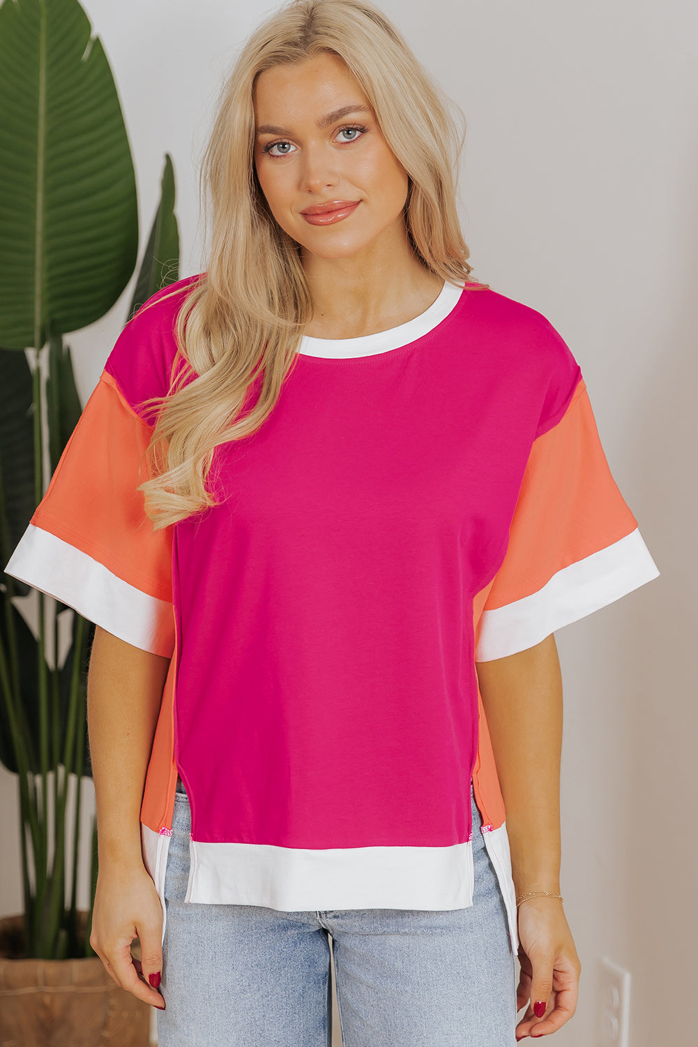 Rose Red Color Block Loose Fit T Shirt