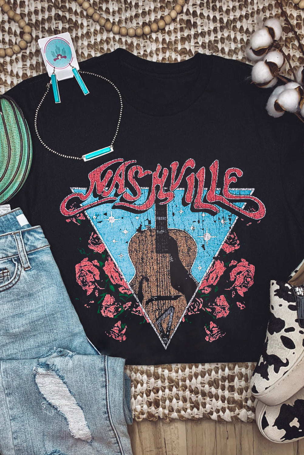 Women's T Shirt with Letter Graphic-Print Guitar Flower
