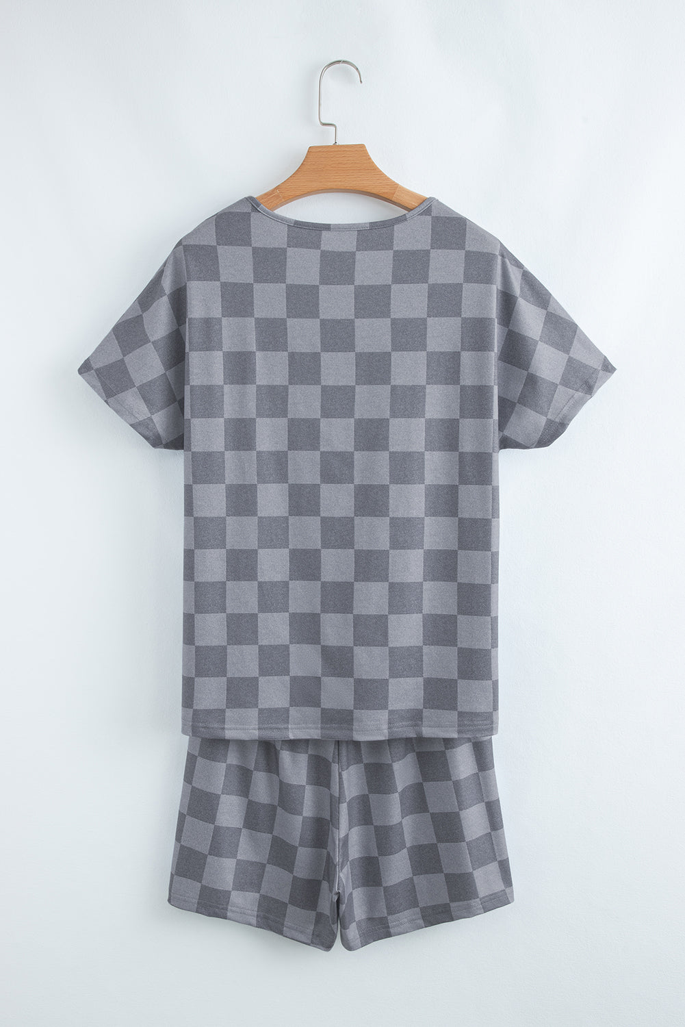Checkered V-Neck Tee Drawcord Shorts Lounge Set in Gray