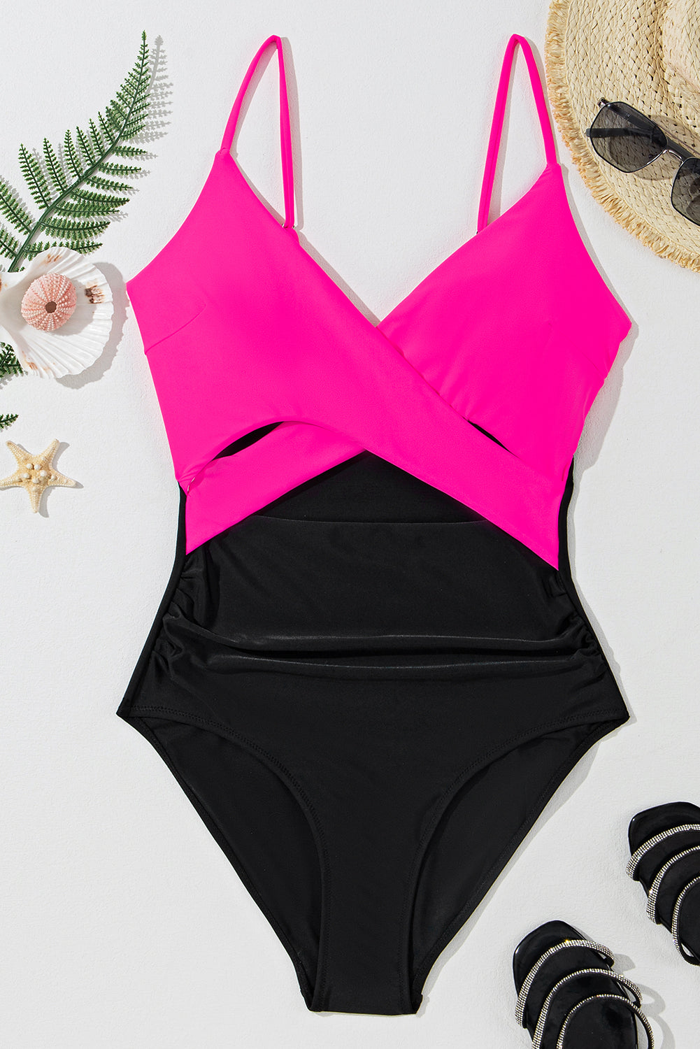 Crossover Colorblock Cutout One Piece Swimsuit in Rose Red