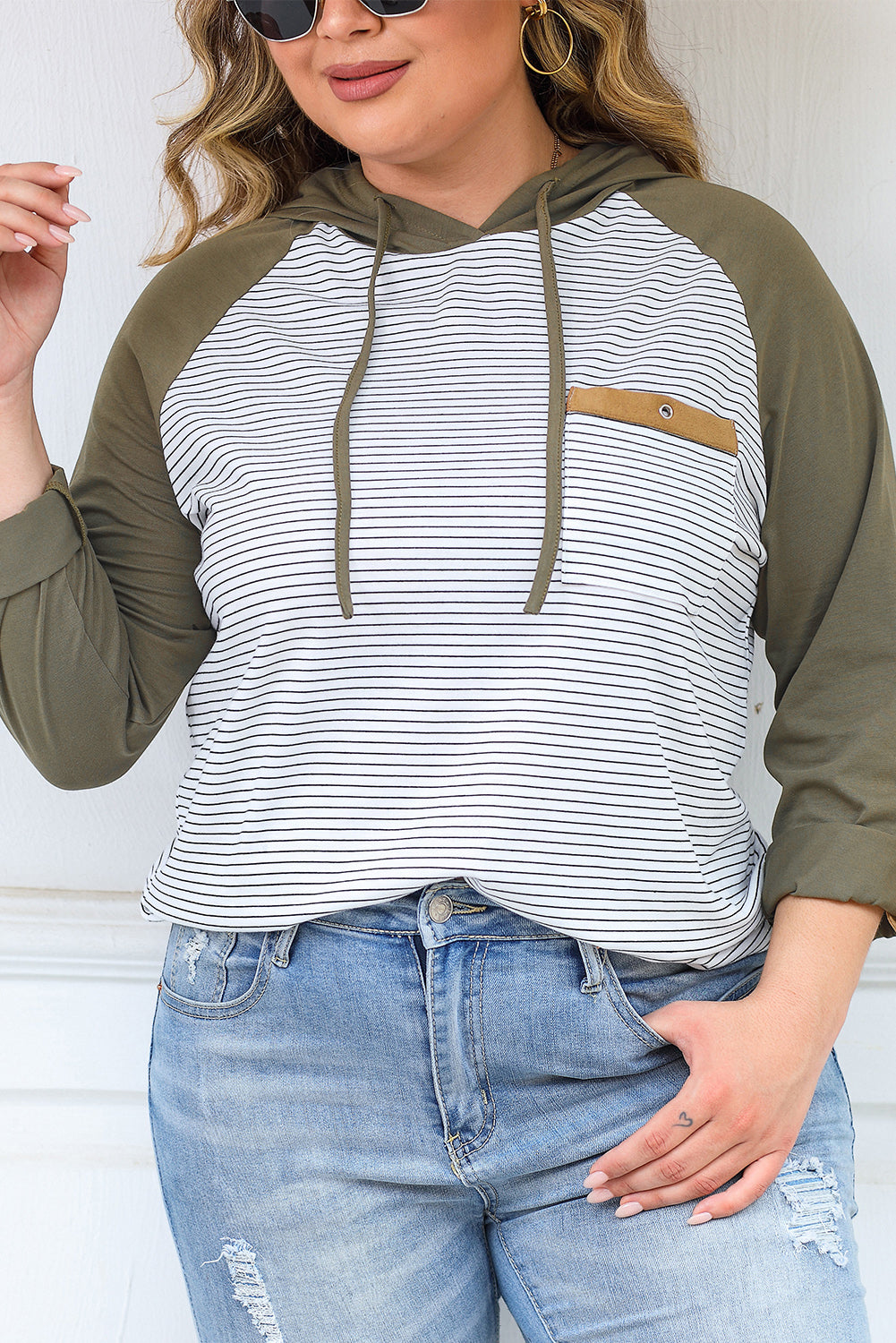 Women's Hoodie Featuring Plus Size Striped Raglan-Sleeve
