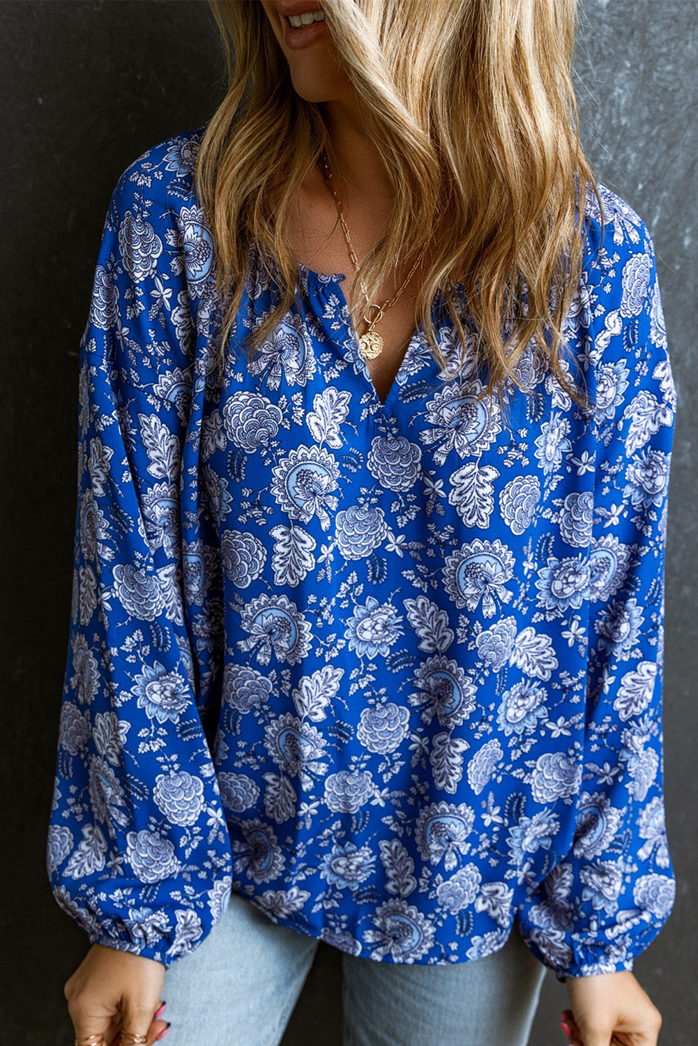 Blouse for Women Floral-Print Notched V Neck Long-Sleeve