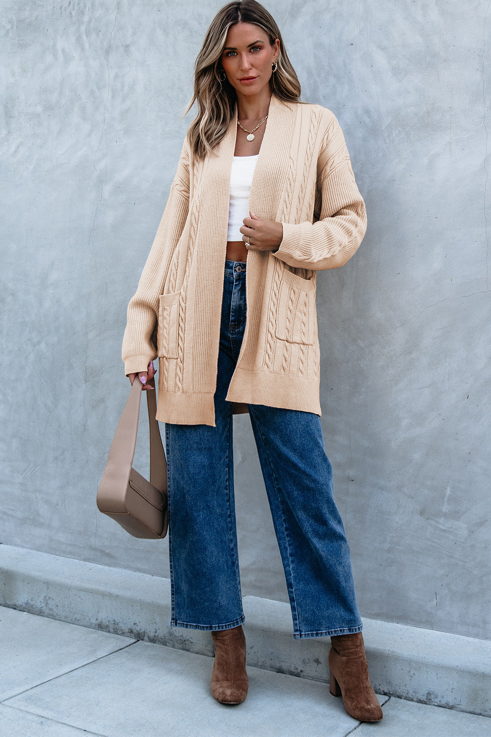 Cable Oversize Chunky Knit Open-Front Midi-length Cardigan