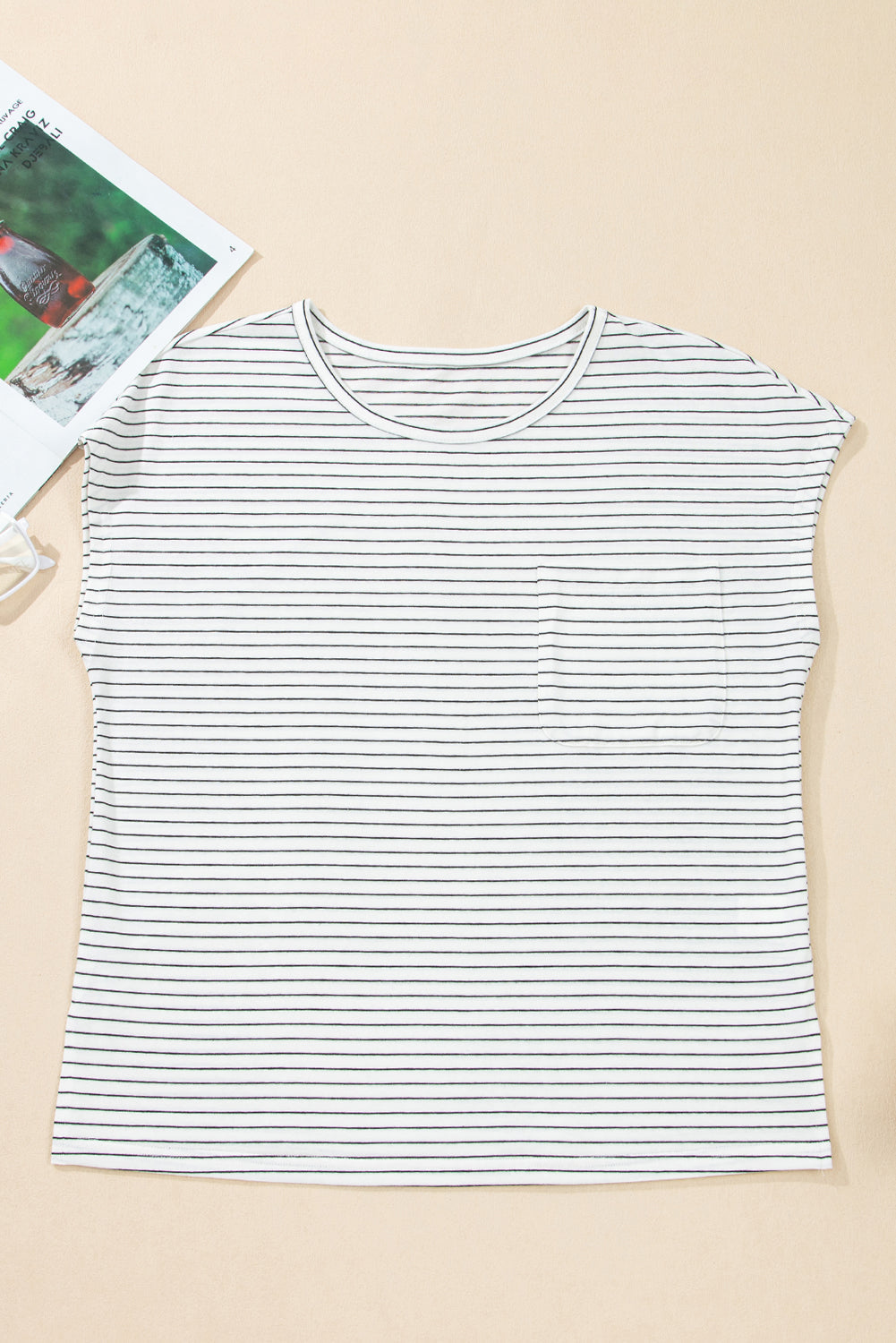 Cap Sleeve Crew Neck Casual Tee with Chest Pocket