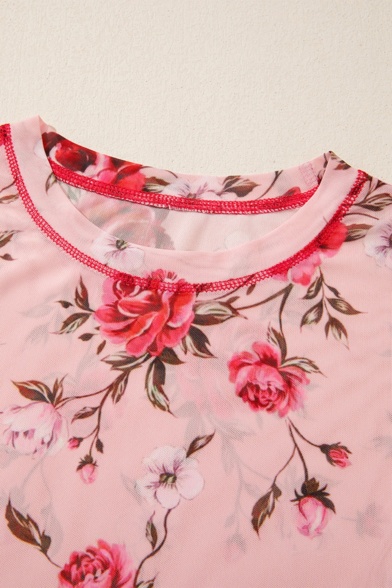 Floral-Print Detail Exposed Seam Mesh Long-Sleeved Top in Pink