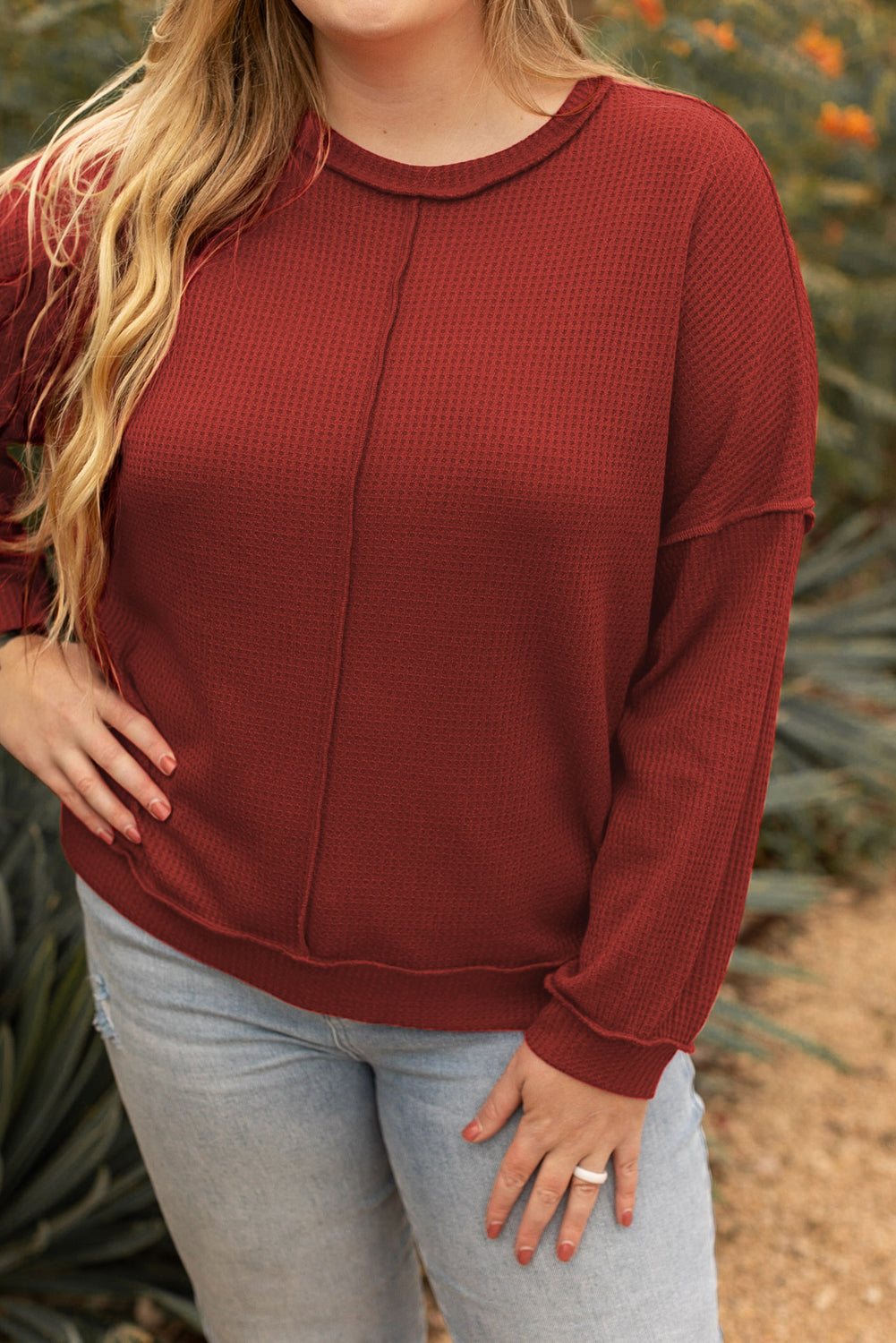 Top for Women Plus Size Waffle Knitted