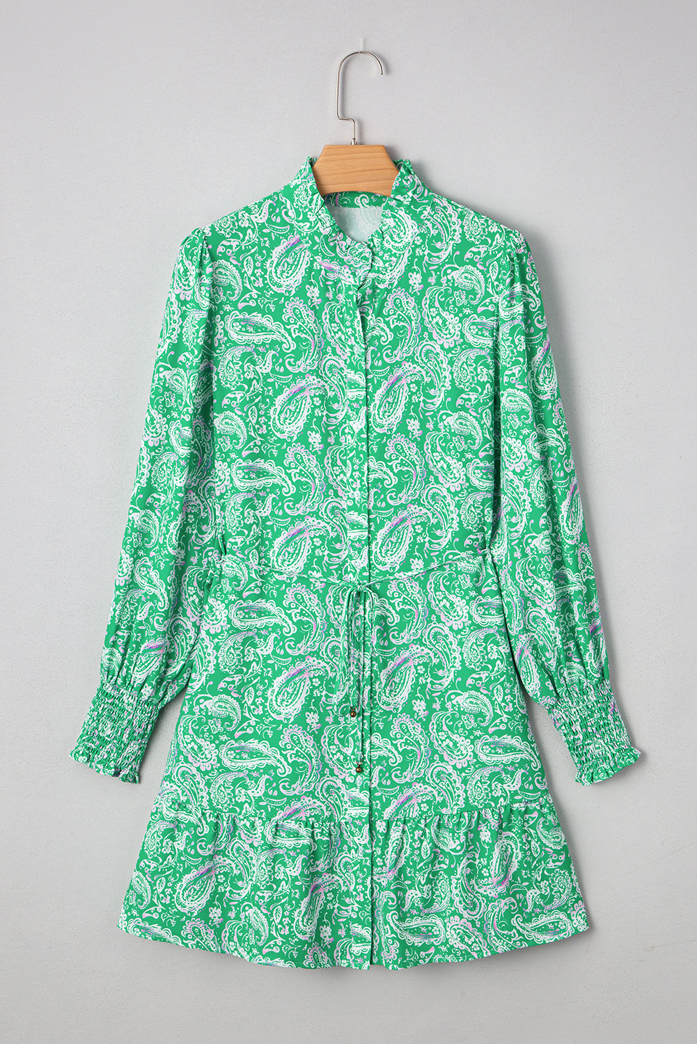 Paisley Mini Print Long-Sleeved Dress in Green
