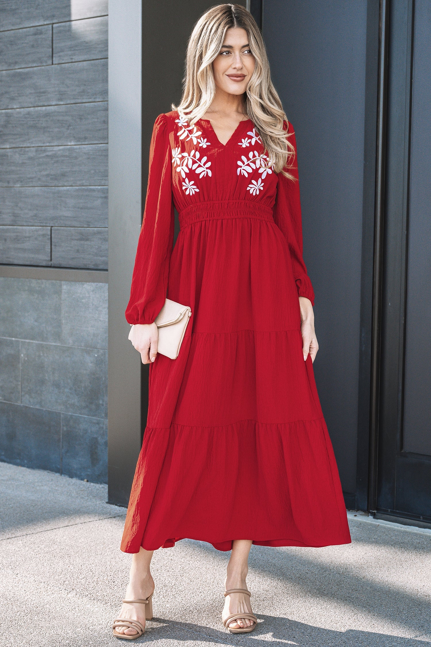Detail Cinched Embroidered Cinched Waist Tiered Long-Sleeved Maxi Dress in Red