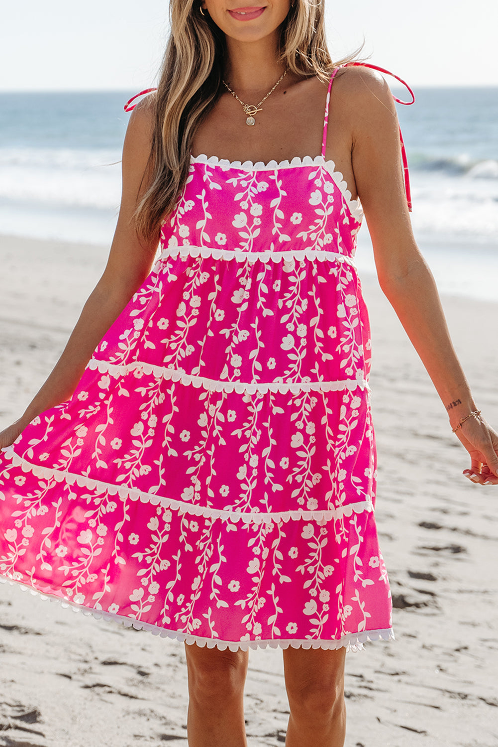 Floral Print Ric Rac Patched Sleeveless Mini Dress