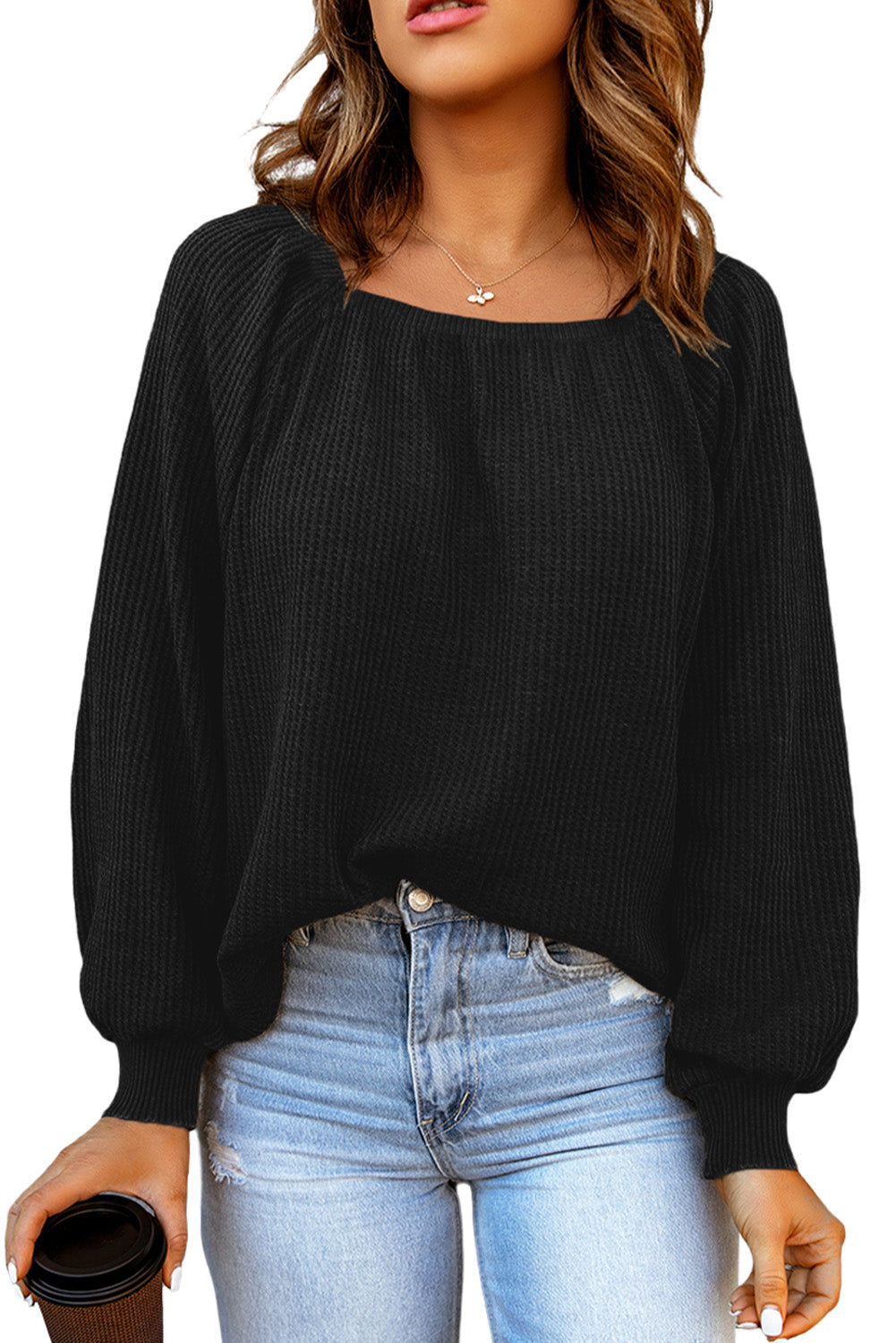 Women's Scoop Neck Waffle Knit Top
