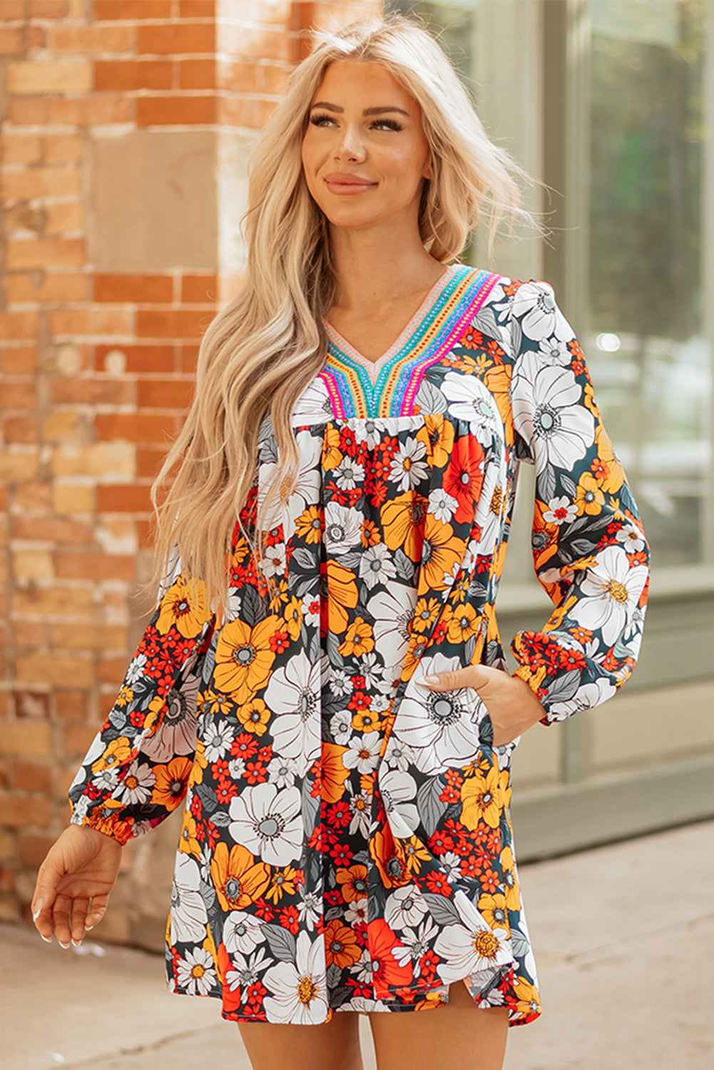 Floral-Print Striped Lace V-Neck Long-Sleeved Mini Dress