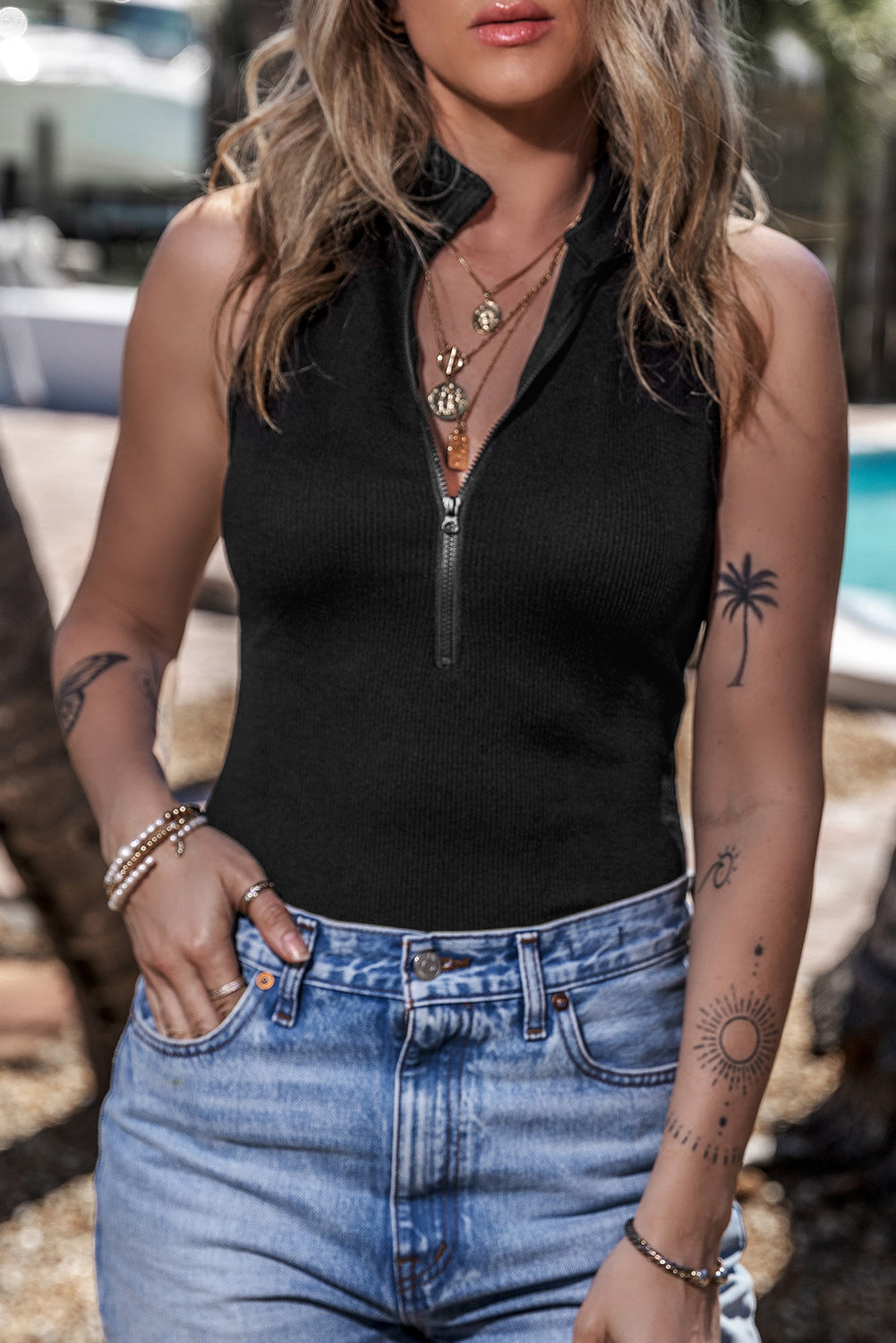 Women's Bodysuit with Rib-Knitted Zip up Mock Neck