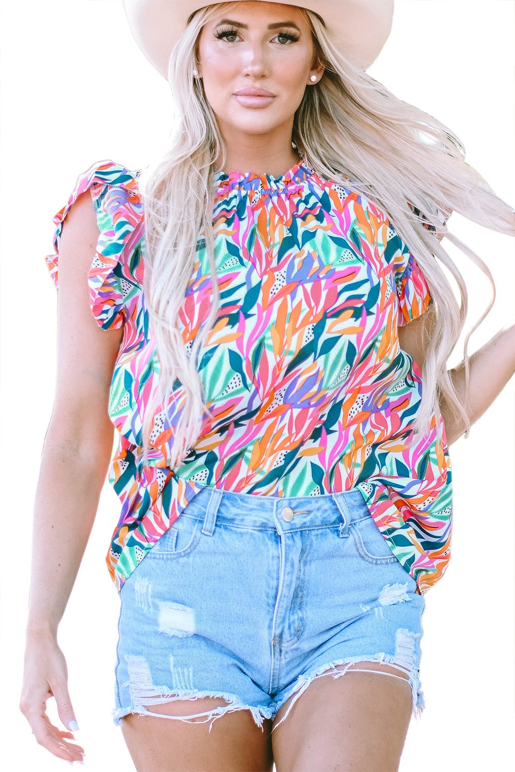 Women's Blouse with Print Ruffle-Trimmed Floral-Print