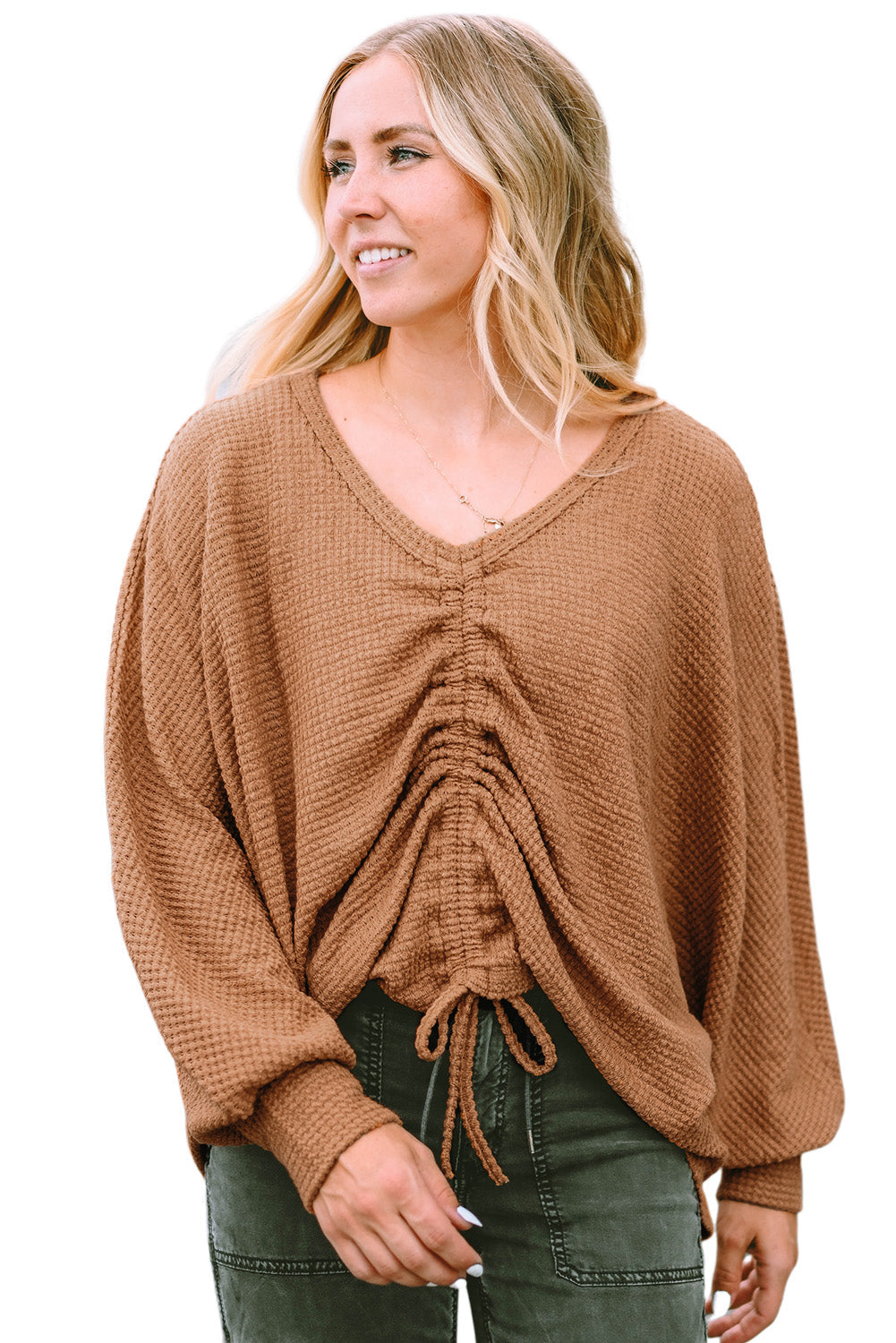 Knit Top for Women Drawcord Waffle V Neck