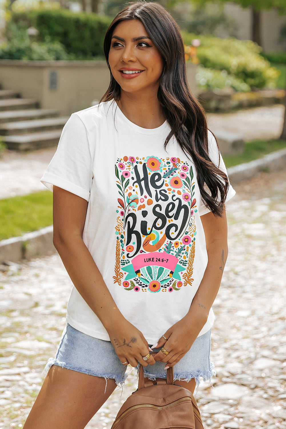 Women's T Shirt Featuring He Is Risen Floral-Print Print Round Neck