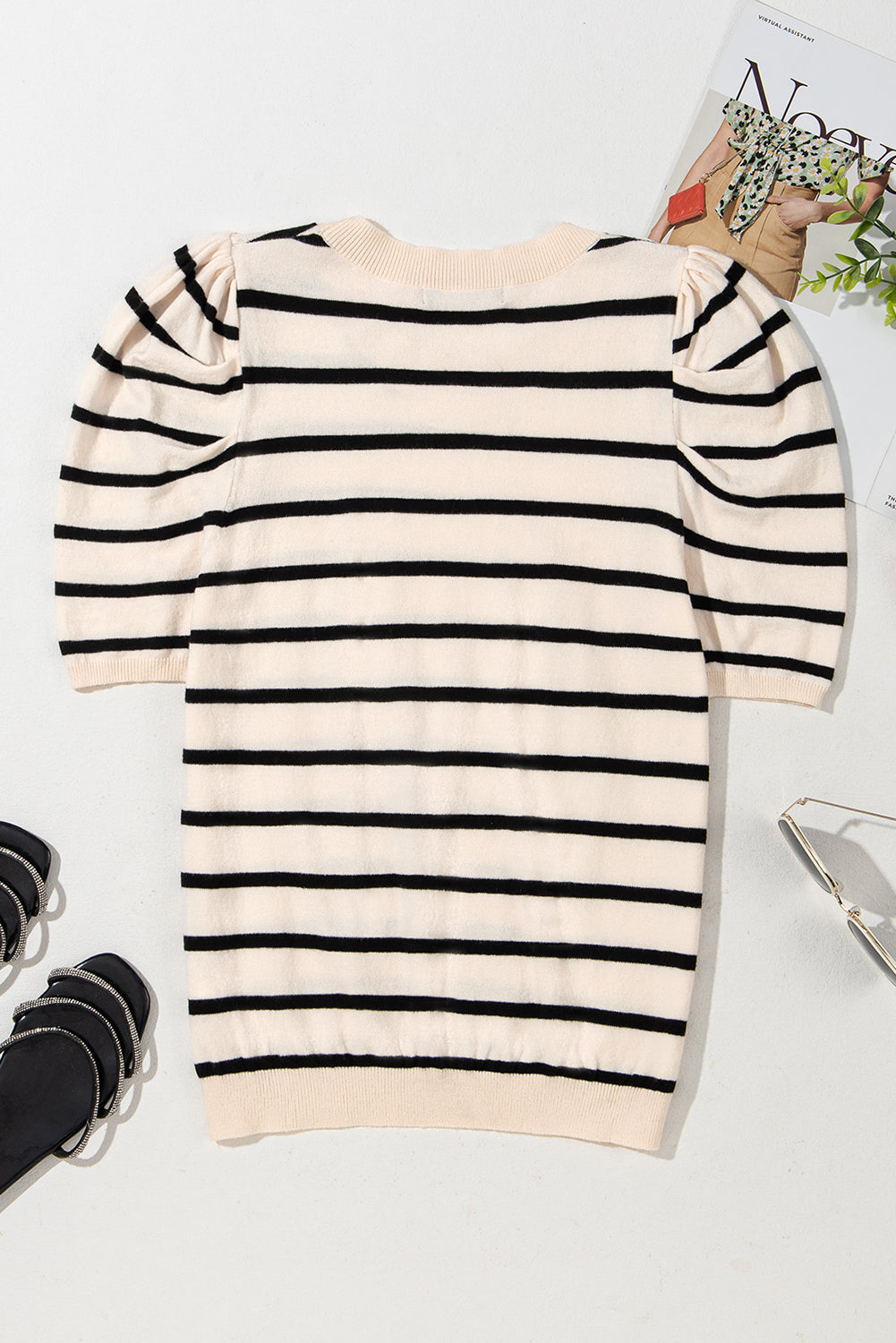 Trim Stripe Rib-Knit Knit Top in Black