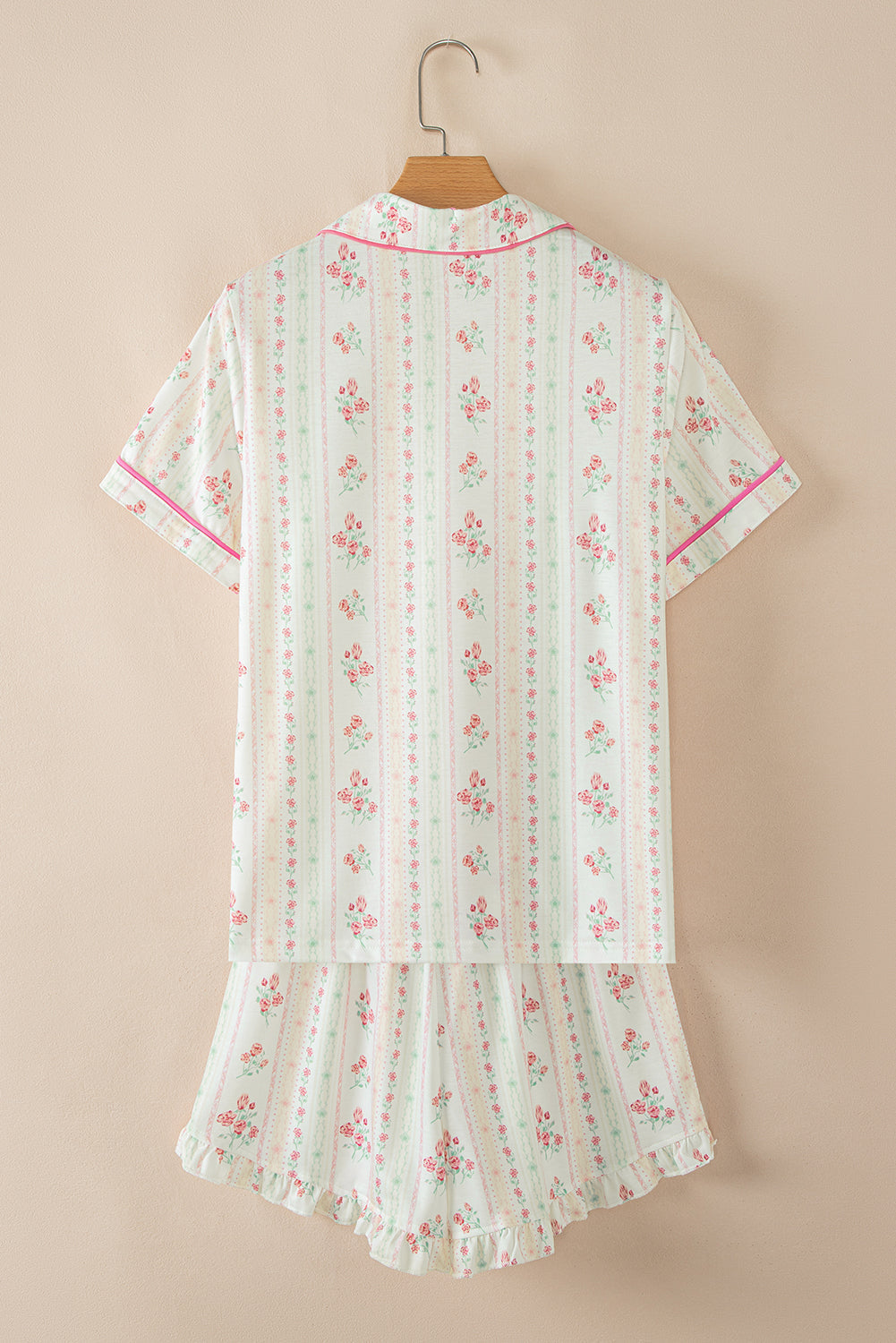 Contrast Pipping Floral-Print Pipping Short Pajamas Set