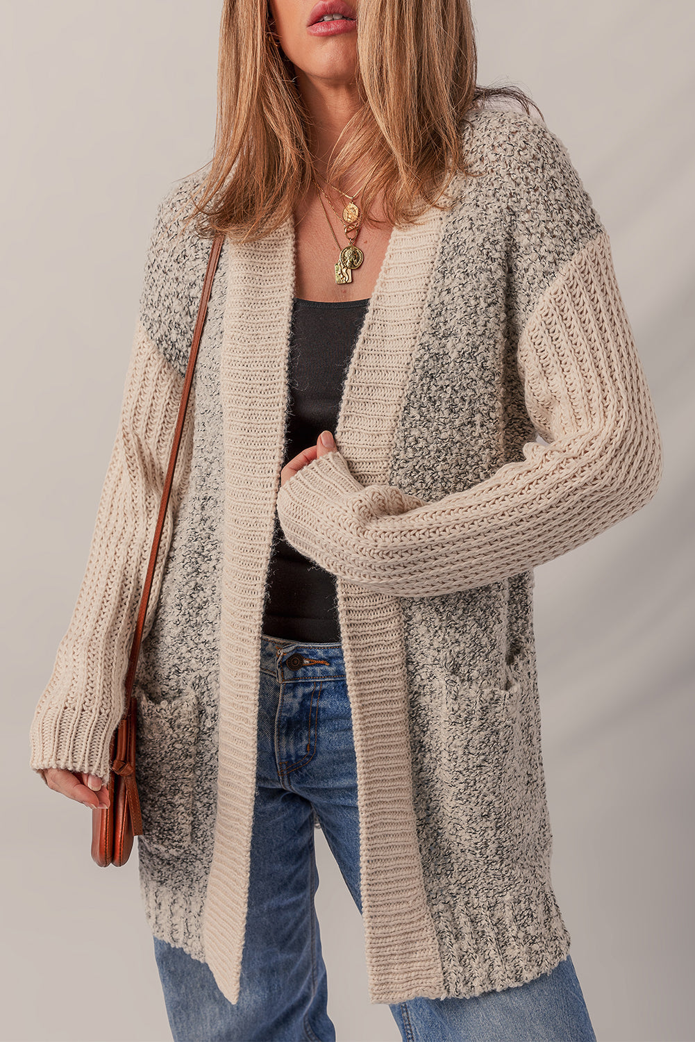 Colorblock Side Pockets Open-Front Cardigan