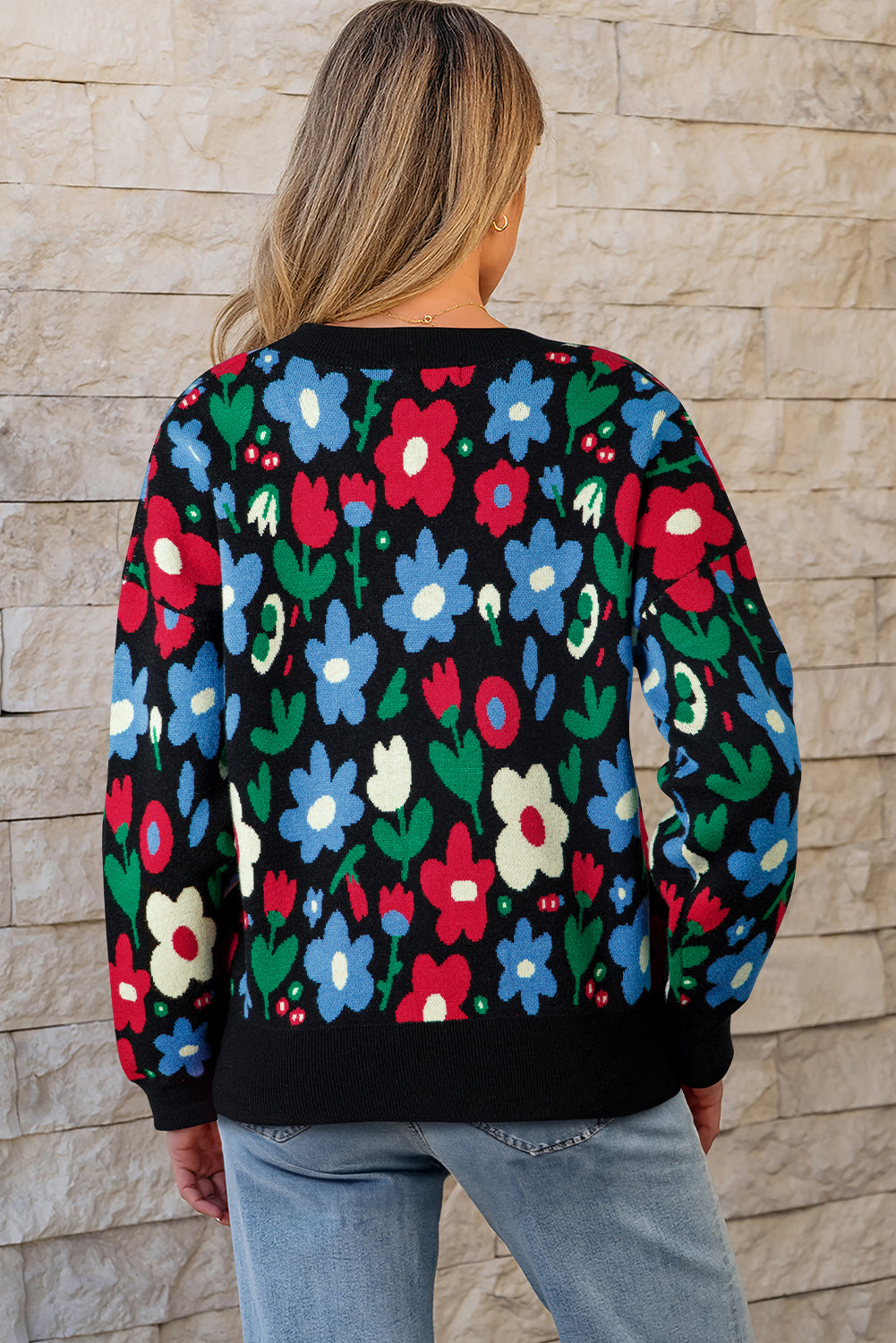 Floral-Print Short V-Neck Button-Front Cardigan Knit Top in Black