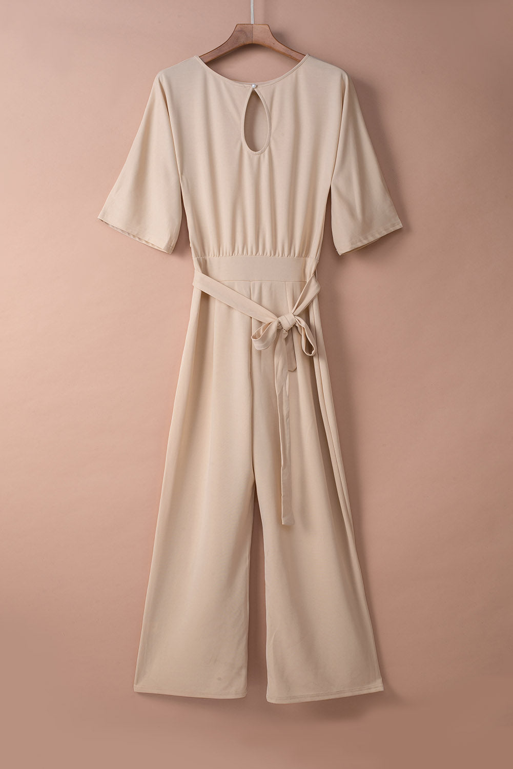 Women's Leg Jumpsuit Featuring Waist Tie Wide Apricot Bracelet-Length Sleeve