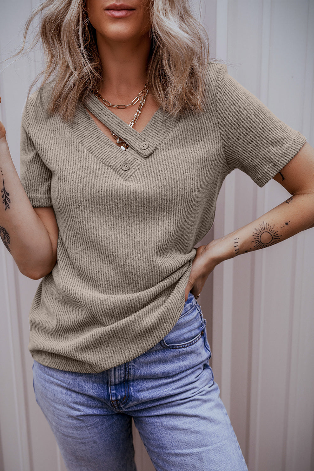Women's Tee Featuring Rib-Knitted Strappy V Neck