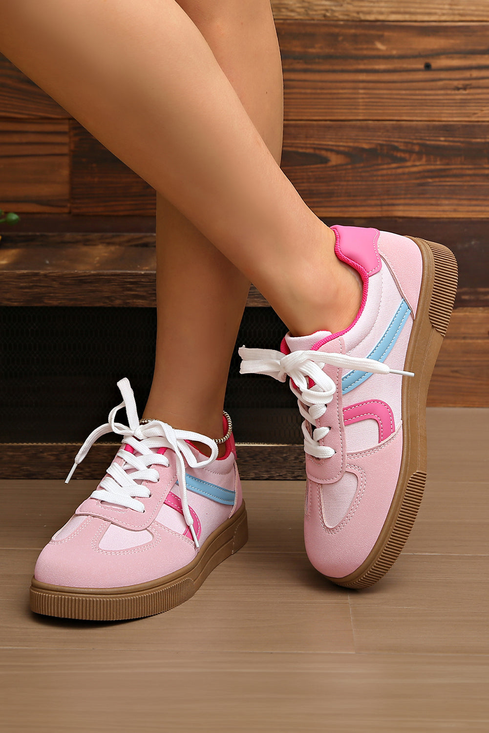 PU Leather Colorblock Leather Patchwork Lace Up Flat Shoes